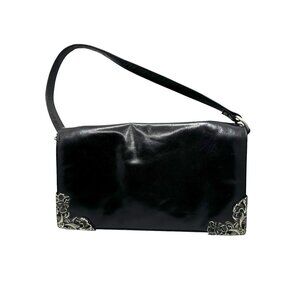 Sorpresa Vintage Black Leather Shoulder Bag With Silver Floral Corner
